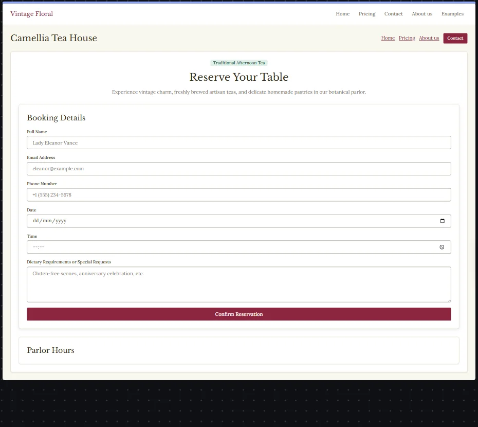 The Camellia Tea House booking page on the DesignForge canvas: a Reserve Your Table form with serif headings in burgundy and cream.