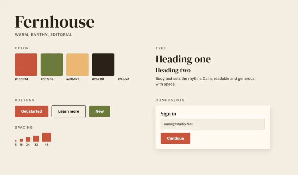 A style guide called Fernhouse: a terracotta, olive, sand and brown palette, a DM Serif Display heading, three buttons, spacing steps and a sign-in card.