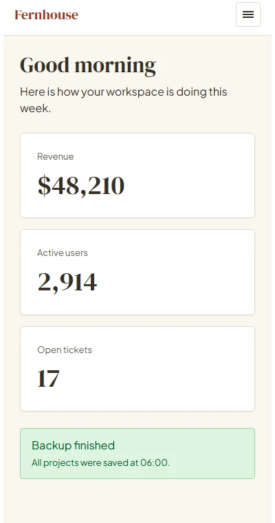 The same dashboard at phone width, with the stat cards stacked in one column.