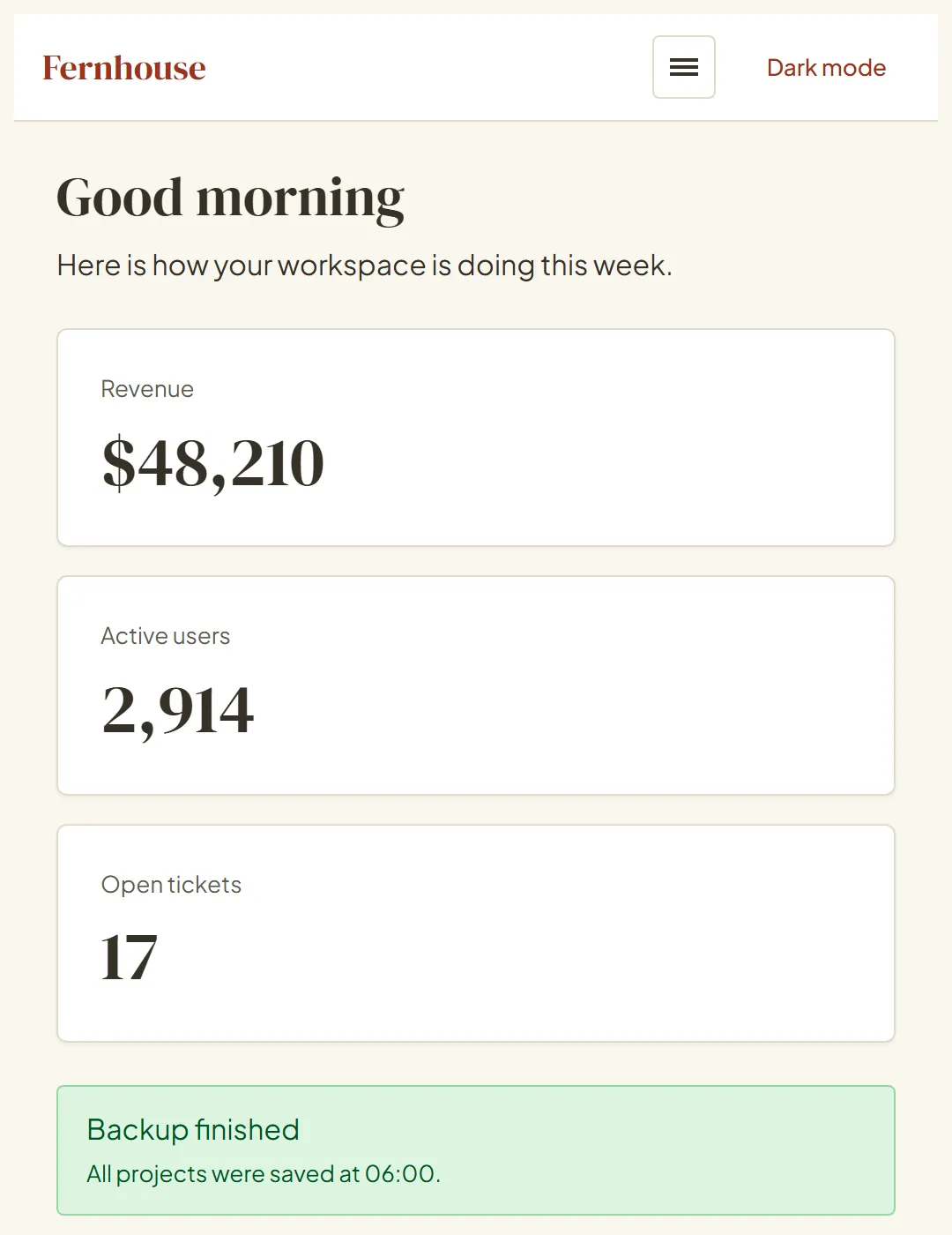 The Fernhouse dashboard running as a Vue app.